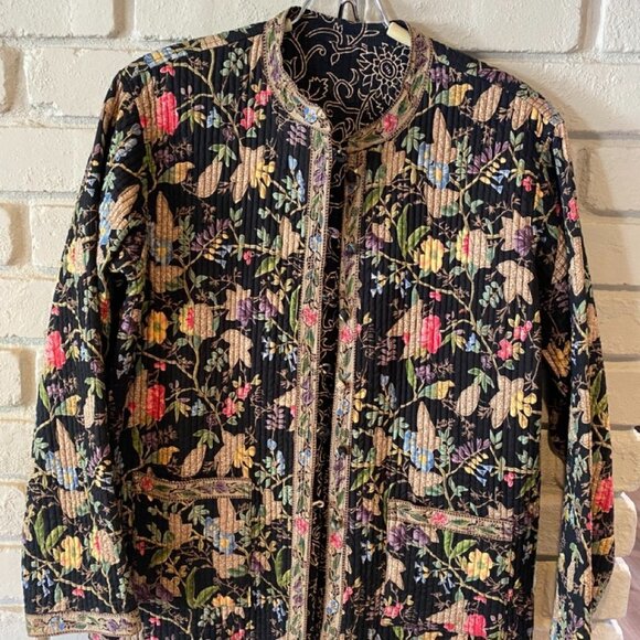 Vintage Quilted Reversible Jacket Black with Floral and Black and White M #005 - Picture 1 of 13